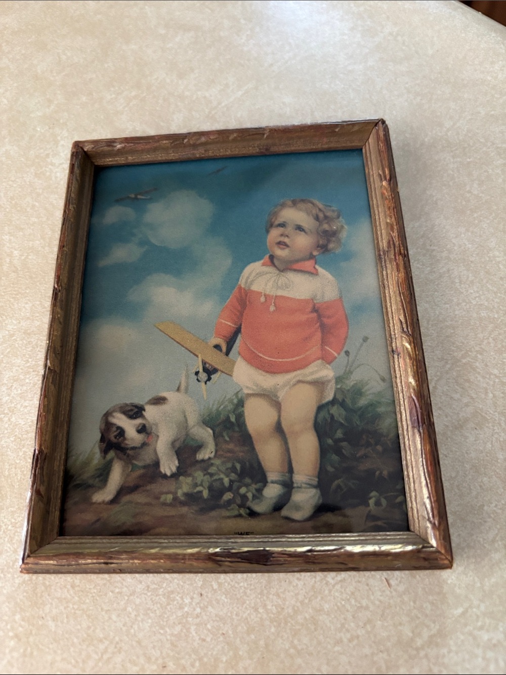 Vintage Framed Child and Puppy Wall Art - Coral, Blue, Cream